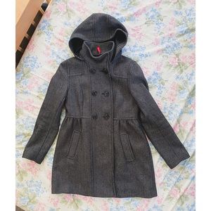 H&M Grey Herringbone Wool Coat w/ Removable Hood